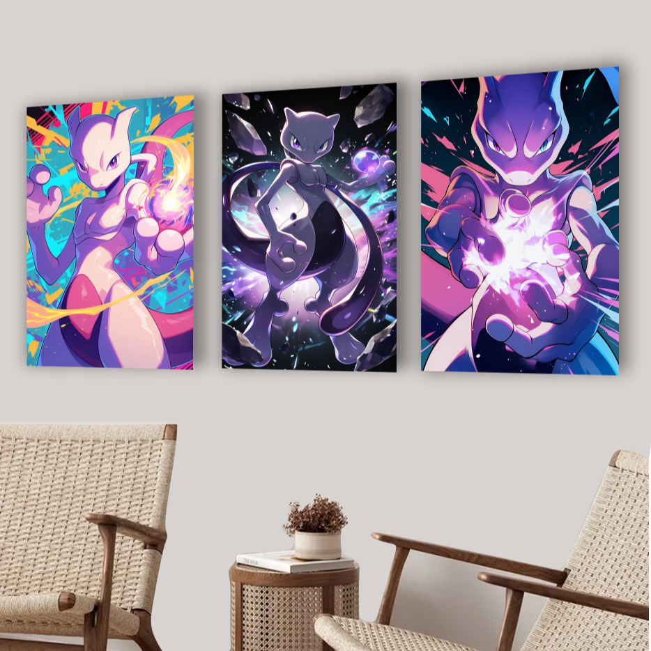 Quadro Decorativo Mewtwo X Psíquico Pokemon Anime Desenho Para Parede Decoração Quarto 3 peças