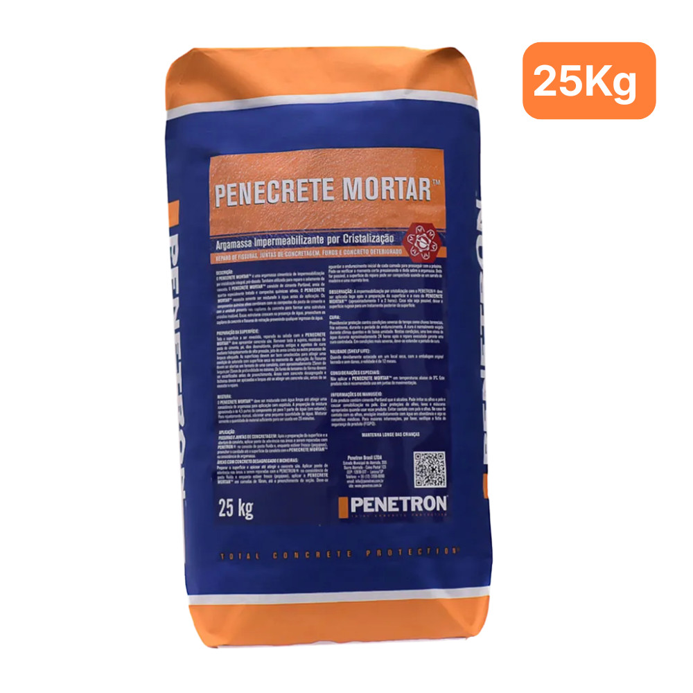 Impermeabilizante Argamassa Penecrete Mortar Saco 25KG Selagem Vedação Fechamento Fissuras Proteção Preenchimento Concre