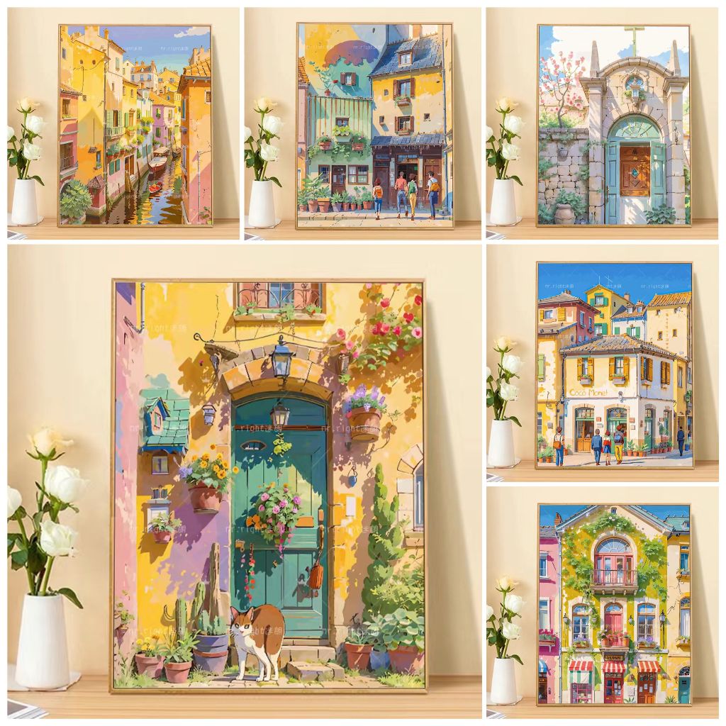 Pintura numerada(30*40/40*50cm) Cartoon Art House Architecture Landscape Painting