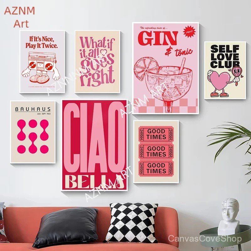 3CTF Simplicity Vintage Pink Cartoon Print Canvas Posters Wall Art Poster Home Decor Canvas Print Painting Living Room B