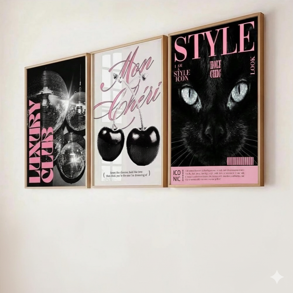 Quadros decorativos Luxury Club Cereja Gato Preto Style (3 peças)