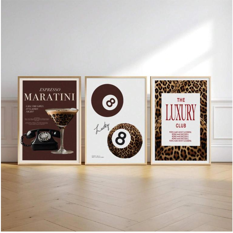 Quadro decorativo Estilo Luxury Club marrom e dourado (3 peças)