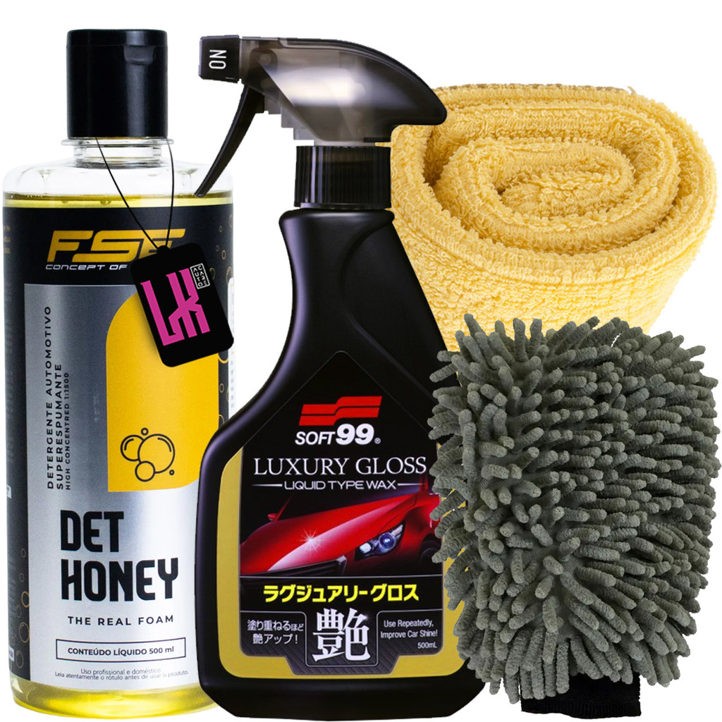 Kit Lava Carro Moto Det Honey Shampoo Automotivo Neutro Luxury Gloss Cera Spray Brilho Protecao