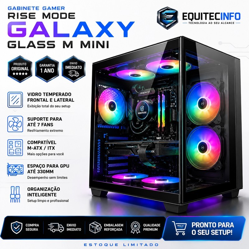 Gabinete Gamer Rise Mode Galaxy Glass M Mini Vidro Temperado Aquário M-ATX Suporta 7 Fans Preto