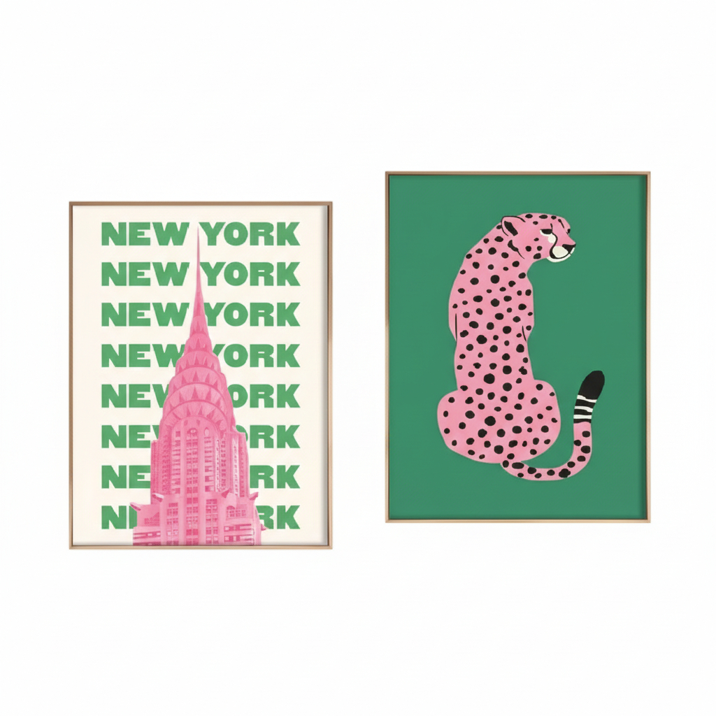 Quadros decorativos Pink Green Leopard Poster, Vivid Pink Colorido (2 peças)