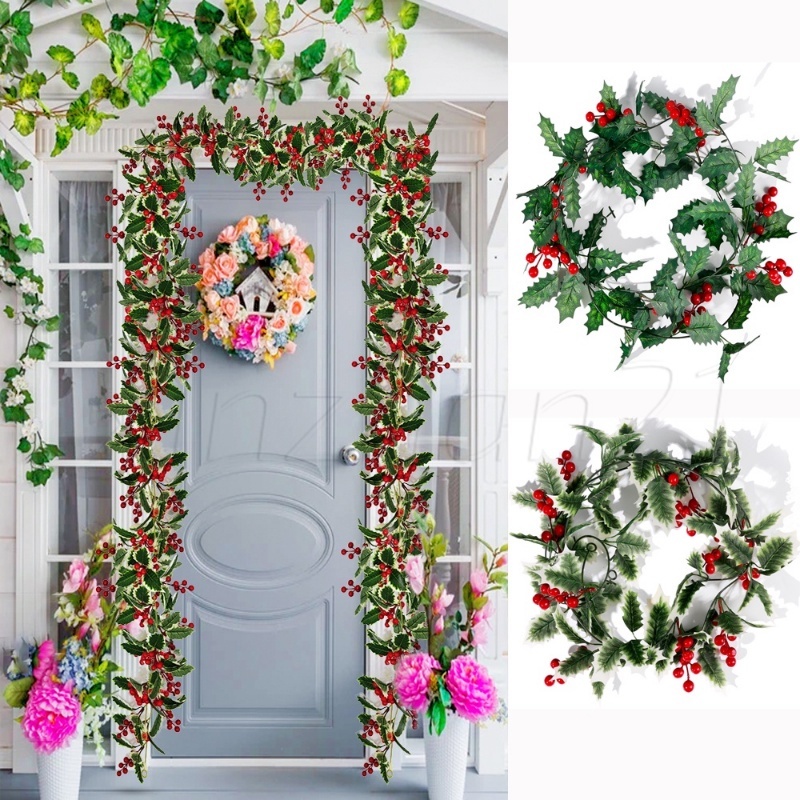 [Novo] Folha De Frutas Vermelhas Artificiais De 2M 2M Guirlanda De Natal Artificial Red Berry Holly Leaves Ivy Vine Ratt