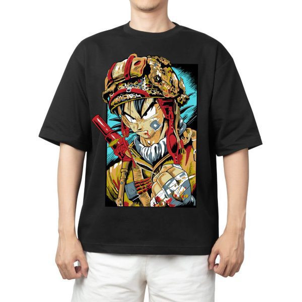 Camiseta Oversized Masculina Feminina Preta Estampa Goku Militar Capacete Camuflado Arma Vermelha Arte Vintage Dragon