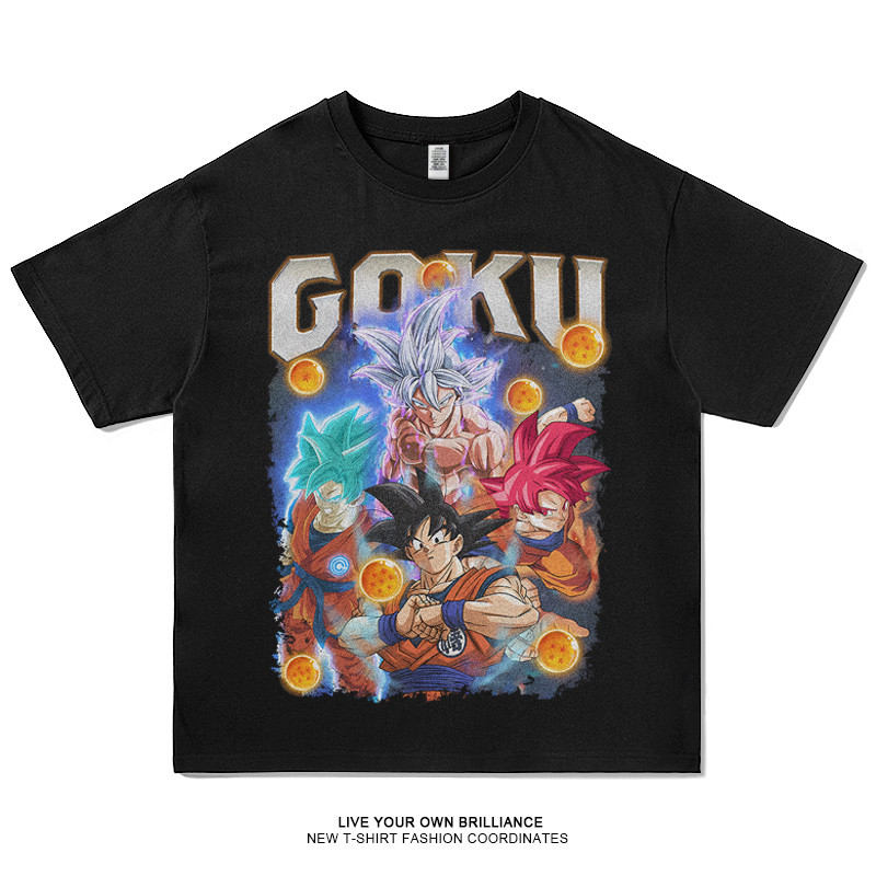 Camiseta Masculina Dragon Ball Goku Algodão Lavagem Vintage Anime Retrô Estudantil Verão Confortável Estilosa