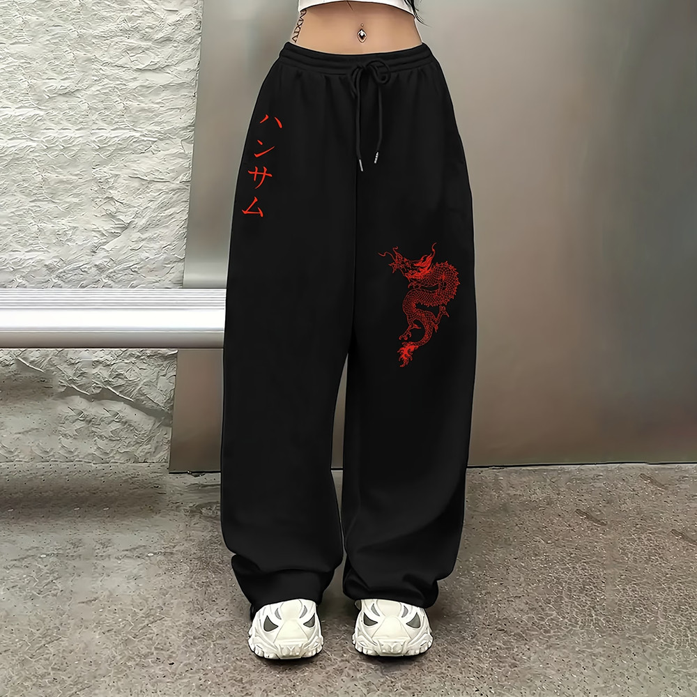 Calça Baggy Feminina Wide Leg Streetwear Y2K Moletom Larga Oversized Dragon Red Arte Gotica Punk Vintage