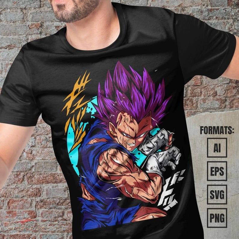 [Camiseta Vintage Masculina Algodão]HYP Unissex com Vegeta de Dragon Ball em Forma de Super Saiyajin, Estilo