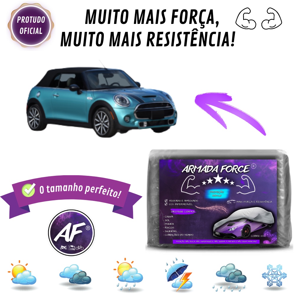 Capa Cobrir MINI CABRIO ARMADA FORCE Sem Forro 100% Impermeável Protege Sol Chuva Poeira Anti-UV