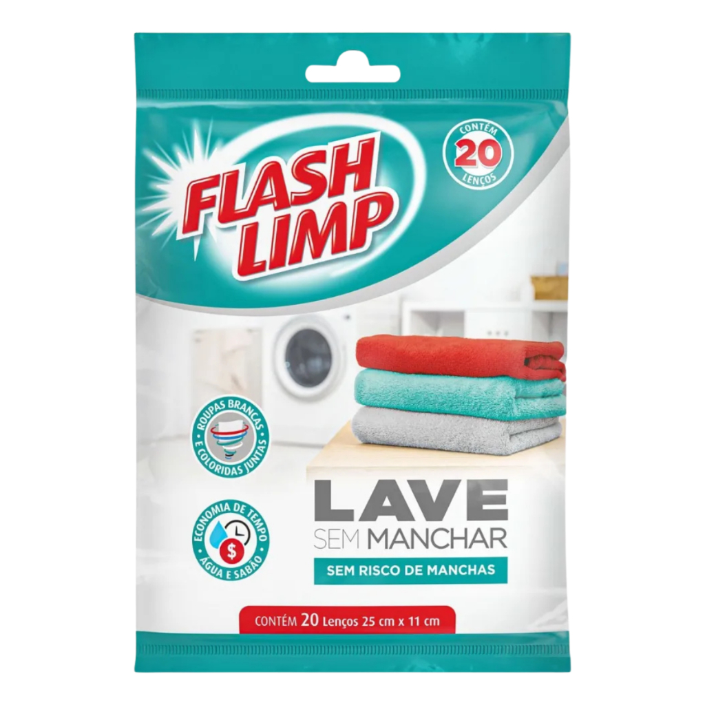 Lenço Anti Manchas Flash Limp - Para Lavar Roupas Juntas - Coloridas Sem Riscos de Manchar 20 Lenços