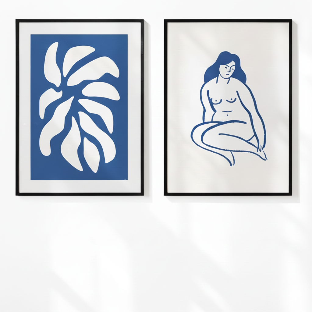 Quadro decorativo Abstrato arte pintura azul linha menina folha de lótus nordic (2 peças 40x60)