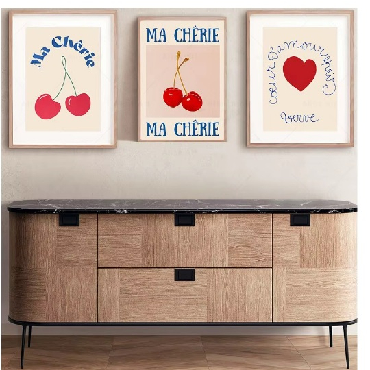 Quadros decorativos Cereja amorosos do coração, Nordic Cute Sweet 70s Retro (3 peças)
