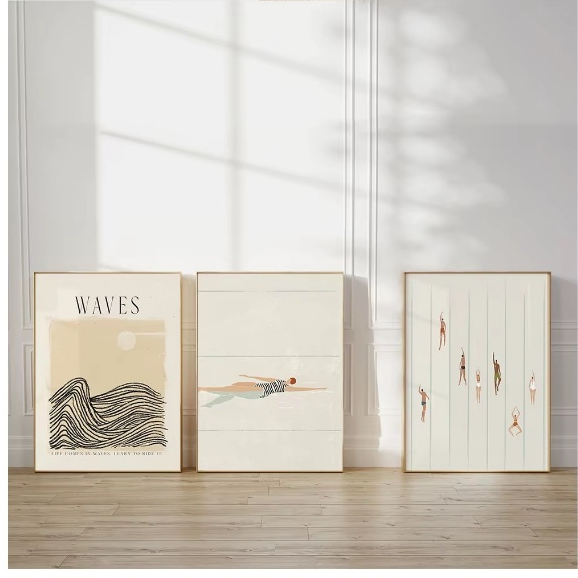 Quadros decorativos Nordic swimmers minimalista piscina, Big Wave Surf  (3 peças)