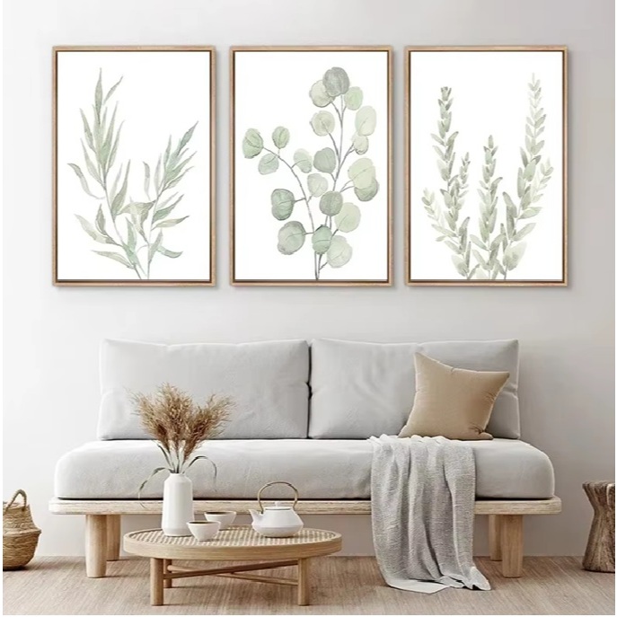 Quadros decorativos Nordic sálvia verde planta arte minimalista eucalipto folhas aquarela pintura (3 peças)