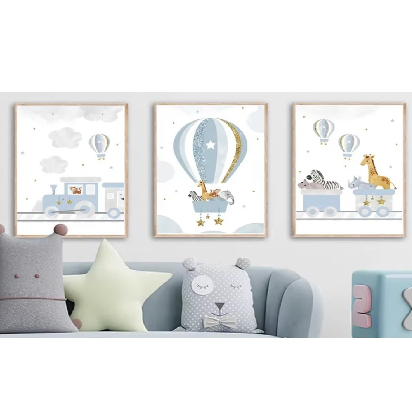 Quadros decorativos Animal Posters, Balão de ar quente, Trem Azul Print, Nordic (3 peças)
