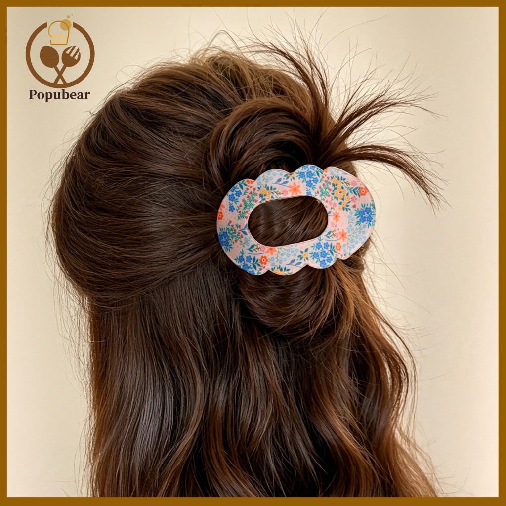 Floral Print Hair Claw Women’s Transparent Acrylic Clip with Anti-slip Teeth – Strong Grip for Half-up Hairstyles Du