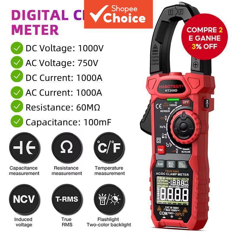 Medidor de Grampo Digital Profissional HT208D com True RMS, Corrente AC/DC de 1000A, Capacitância, Temperatura e