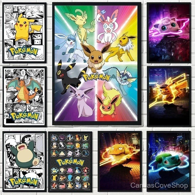 QBHD Anime Japonês Pintura em Tela Sem Moldura Pikachu Bulbasaur Charizard Pôster Impresso Mural Imagem Arte de Parede D