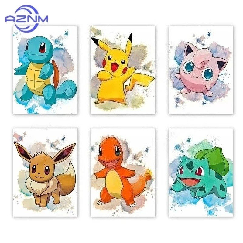 WOPJ 1PC Anime Pôster em Tela Sem Moldura - Bulbasaur, Charmander, Squirtle, Impressão em Aquarela para Decoração de Cas