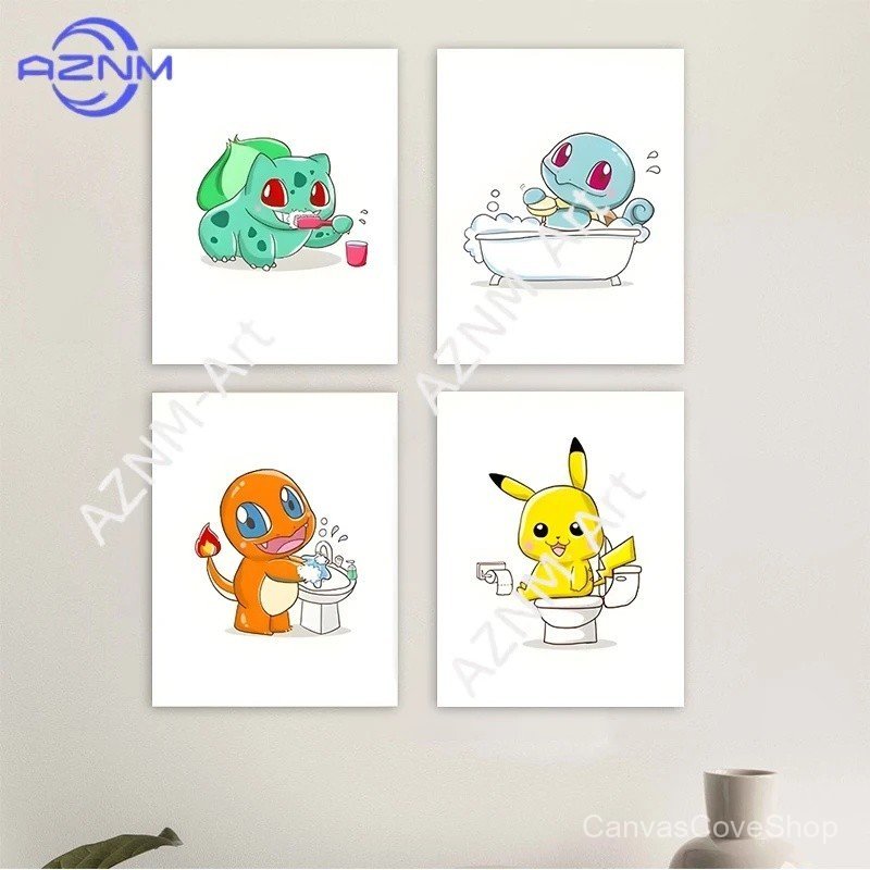 JYOD Tela sem moldura, pintura em tela divertida de desenho animado, pôsteres de anime Pikachu e Bulbasaur, imagens de m