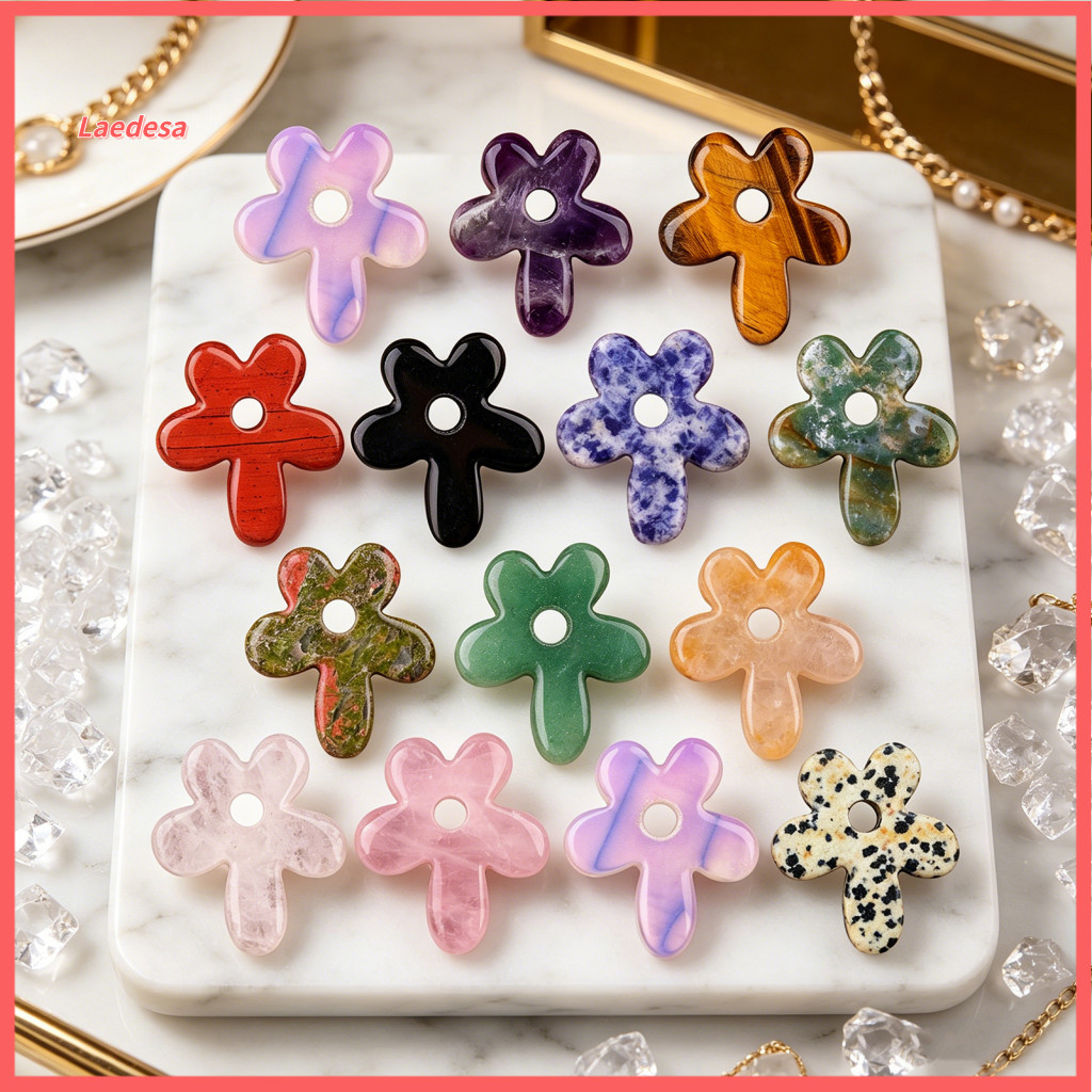 Keychain Stone Charm Natural Pendant Five-petal Flower with Hole – Round Carved Jewelry for Lanyards Chains Bracelets