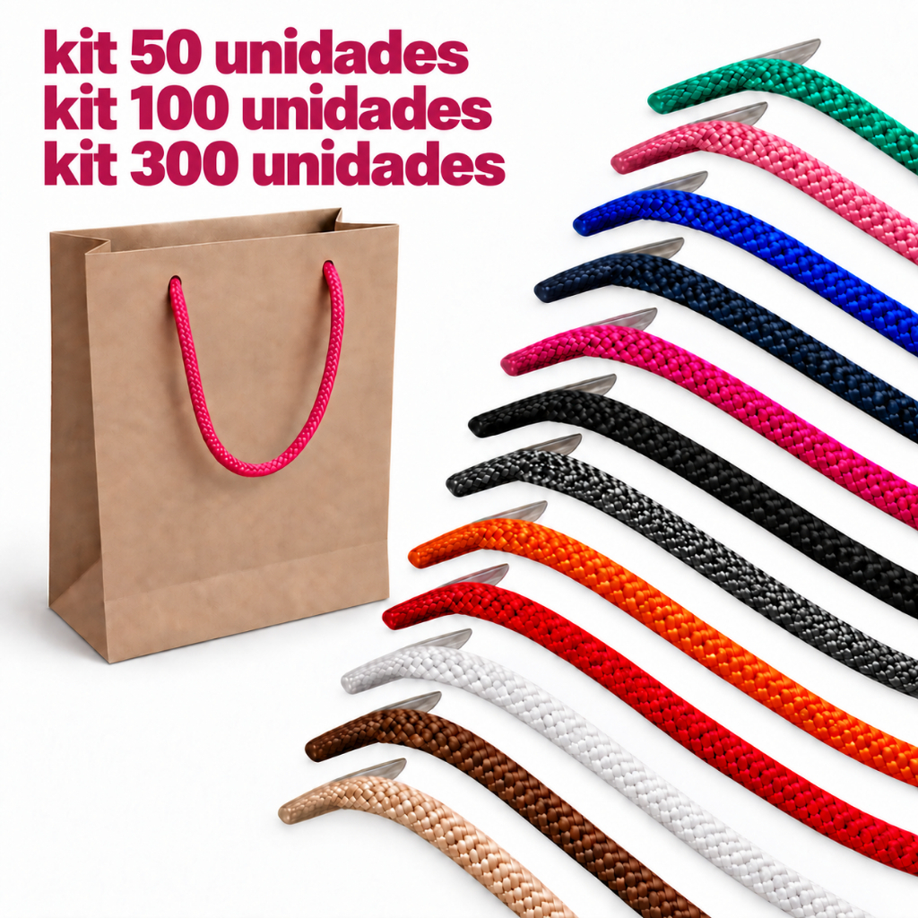 Cordão Alça Sacola 6/1 35cm Com Ponteira Poliéster Kit 50 100 e 300 Unidades