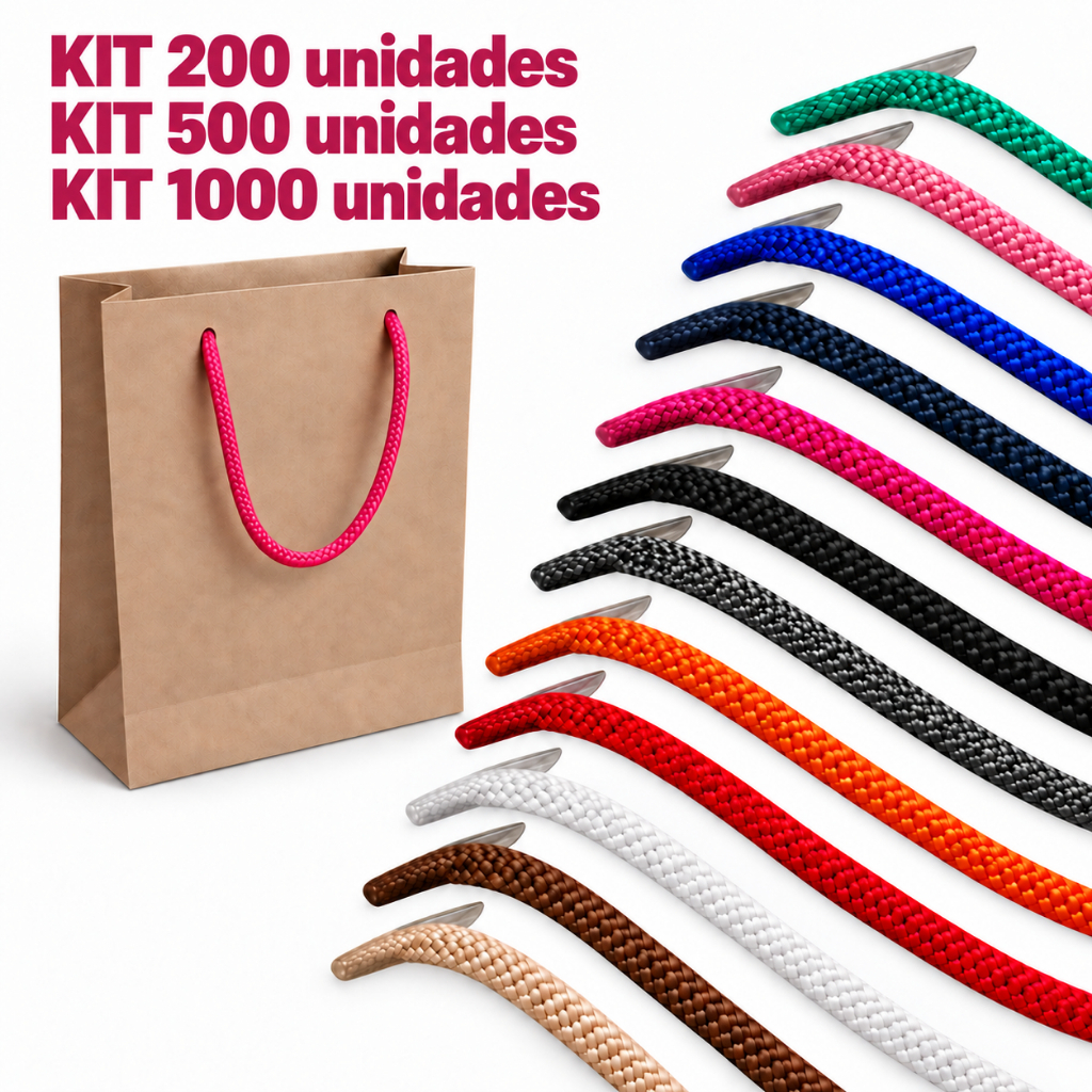 Cordão Alça Sacola 6/1 35cm Com Ponteira Poliéster Kit 200 500 e 1000 Unidades