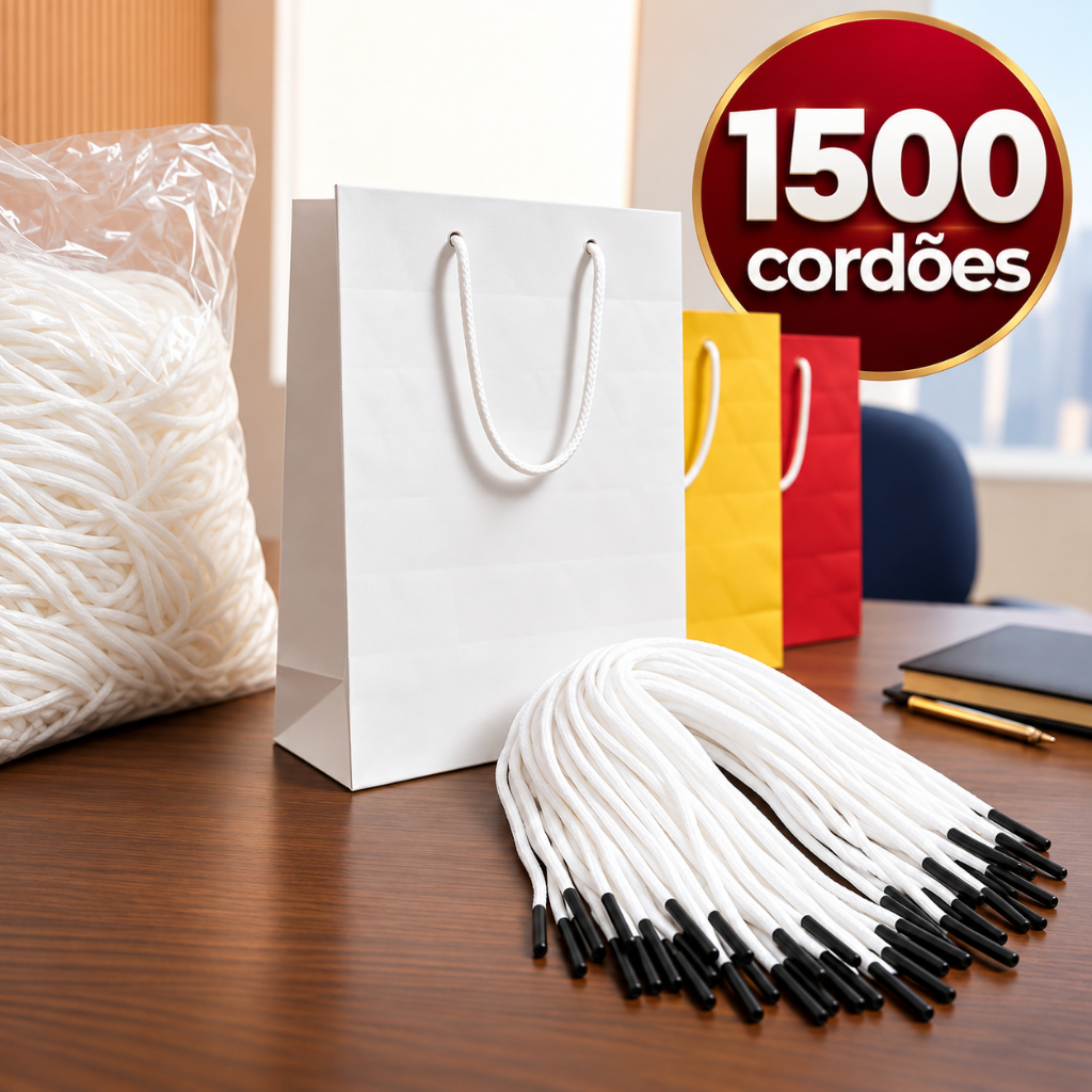 Alça Cordões Brancos Para Sacola | Kit 1500un | 35cm | Ponteira Preta | Cordao Sacola