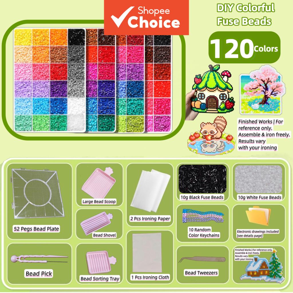 Conjunto de Caixas de Fuse Beads 24/48/72/96/120 Cores com Ferramentas Completas, Pixel Art Quebra-Cabeça DIY, Brinquedo
