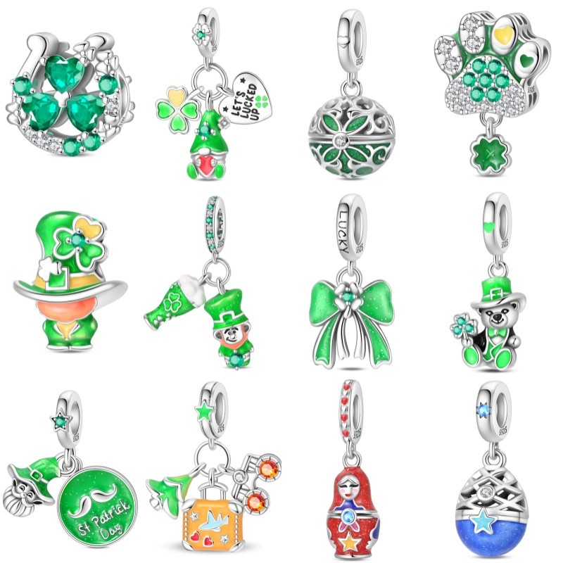 Berloques Lucky Cat Claw Beads Lucky Clover Beads Pulseira Pingente DIY Jóias S925 Prata Esterlina