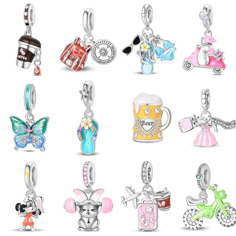 Berloques prata S925 Azul Mar Tartaruga Bead Chinelos Pingente Viagem Café Conjunto de três peças