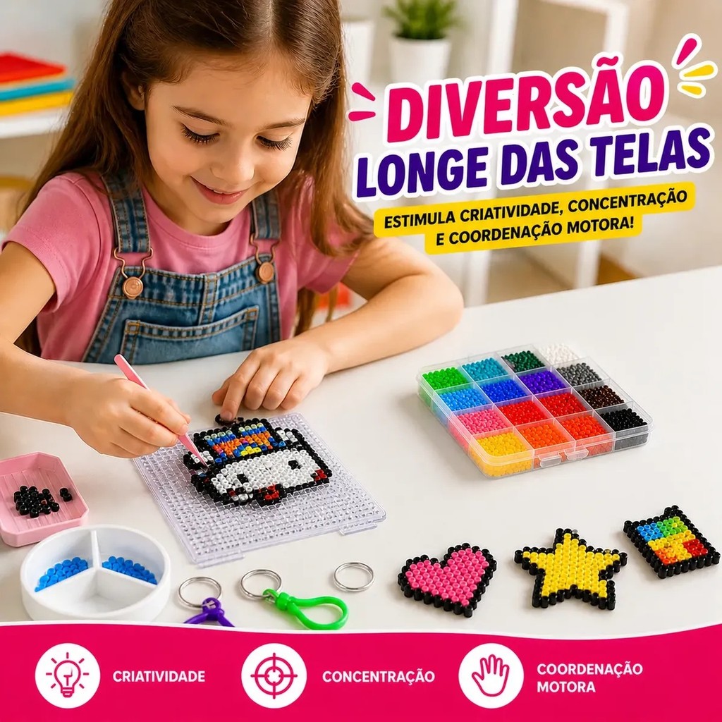 Kit Miçangas Hama Beads 2,6mm Pixel Art Completo C/ Mini Ferro, Caneta Seletora, Pegboard e Acessórios DIY