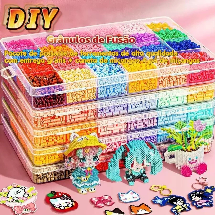 Refil Miçangas Fuse Beads 2,6mm Pixel Art 24/48/72/96 Cores DIY Só Miçangas até 33.600 Peças