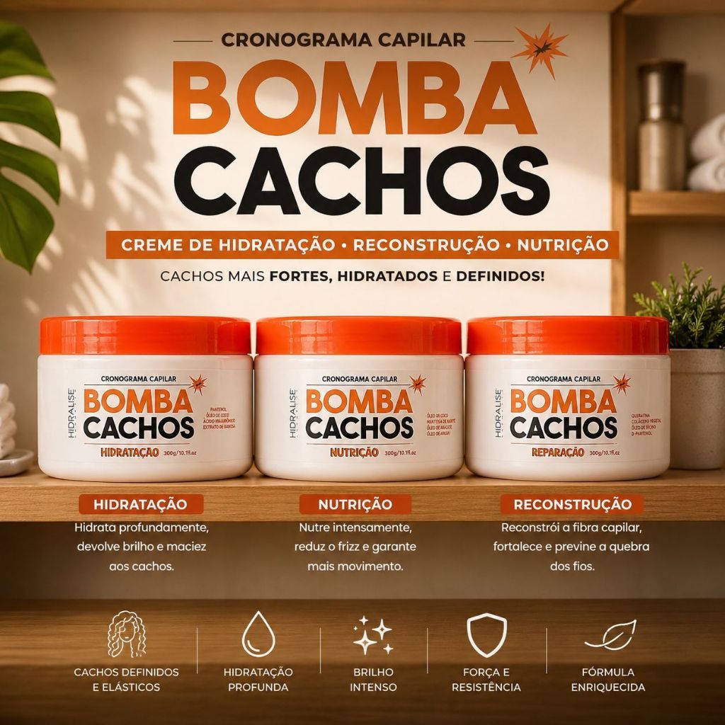 KIT Cronograma Capilar Bomba Cachos Tratamento Hidratação Nutrição e Reconstrução 3x 300g Hidralize