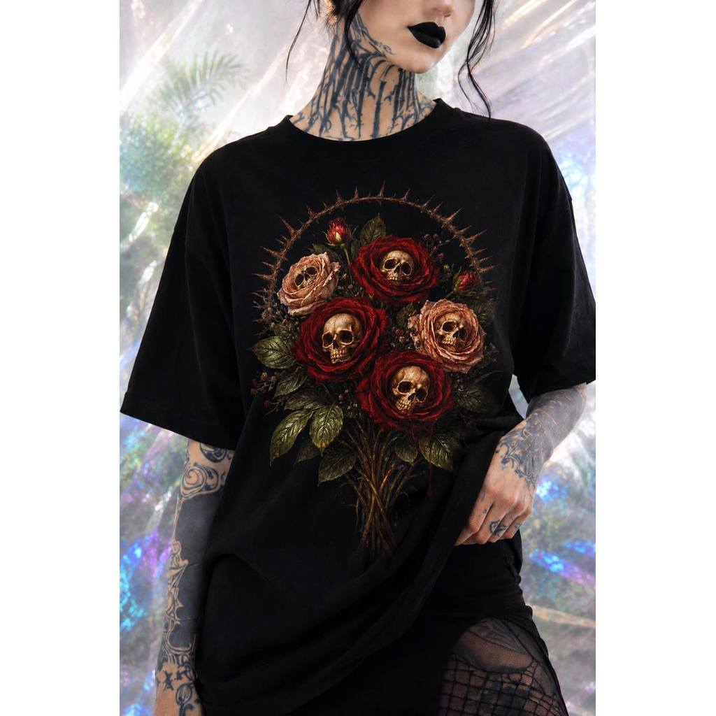 「BR.Moonlight」Camiseta Unissex Tema Gothic Skull Rose Dark Floral Bouquet Skeleton Flower Estampa Elegante Moderna At...