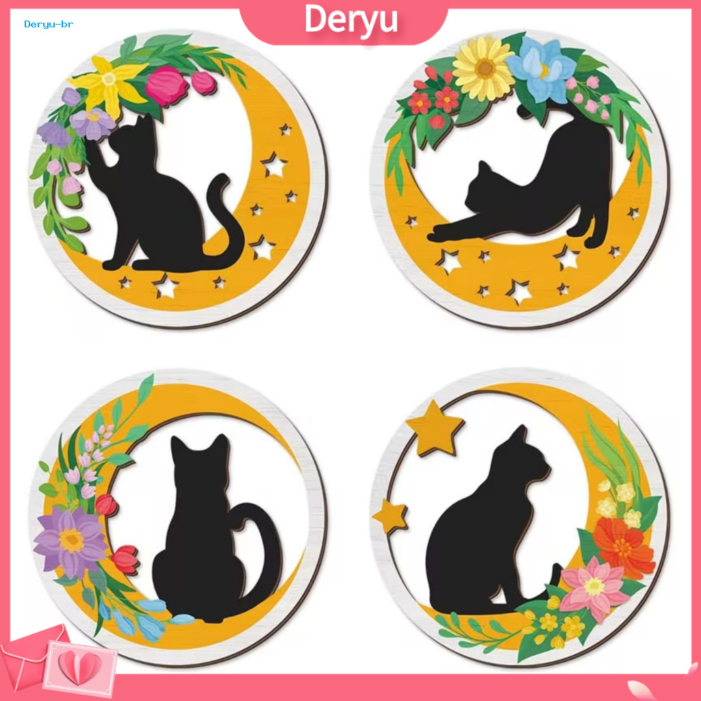 Cat Wall Art Decor Bedroom Hanging 4pcs Wooden Set – 2d Flat Round Signs with Flower Moon Design Lightweight Decorativ