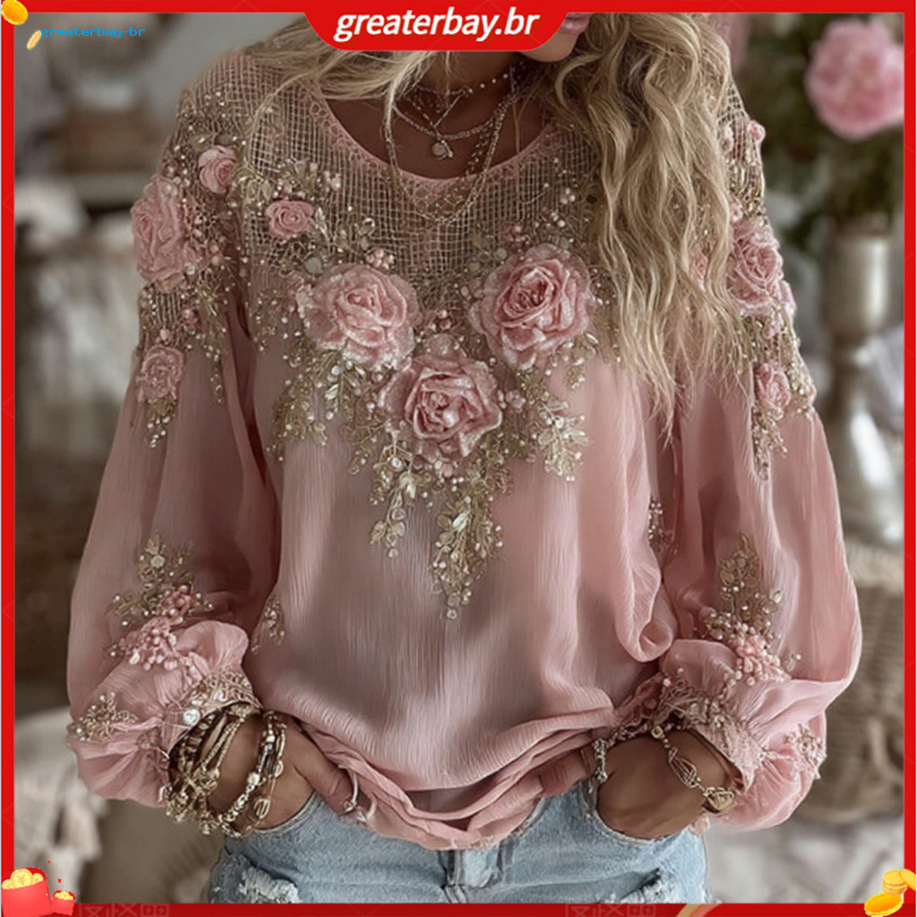 Women’s Casual Long Sleeve Round Neck Tee Shirt Loose Fit Pullover with 3d Flower Print and Faux Pearls Stylish Office