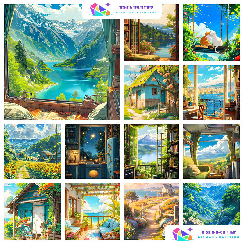 DOBUR | Conjunto Pintura Com Diamante Nature Flowers Sky Landscape 5D DIY Round/Square Full Drill Canvas  Artesanato Dec