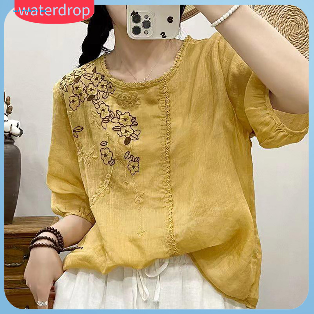 Women’s Round Neck 3/4 Sleeve Embroidered Flower T-shirt Solid Color Loose Fit Tee Casual Streetwear Top for Everyday