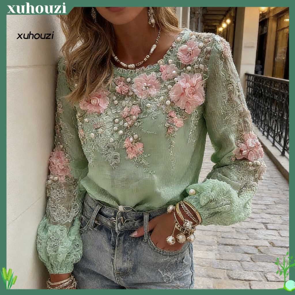 Women Retro Tops Vintage Blouse Women’s Long Sleeve Round Neck Tee Shirt with 3d Flower Print and Faux Pearls – Loos