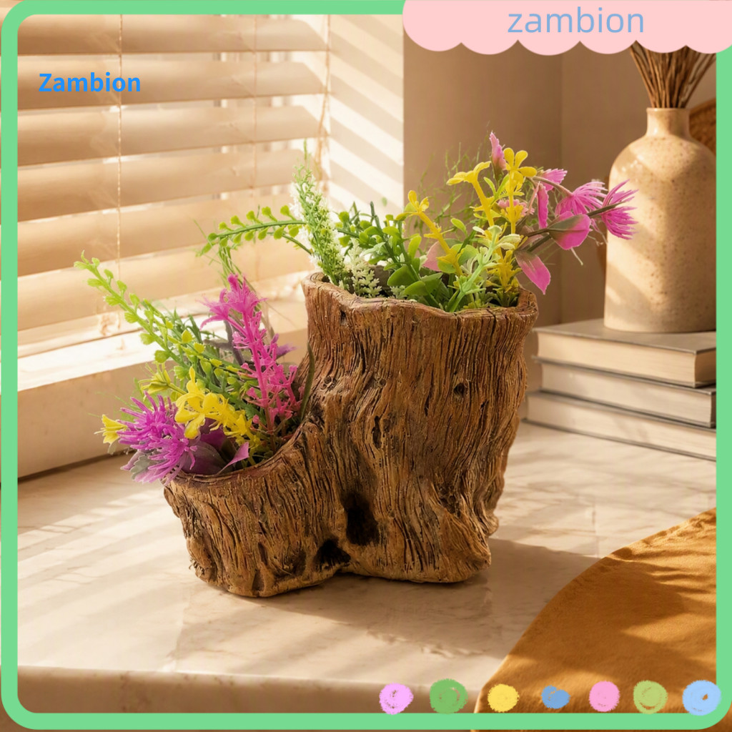 Small Succulent Planters Resin Flower Pots for Indoor Plants Tree Stump Flowerpot for Succulents Planter with Wood Grain