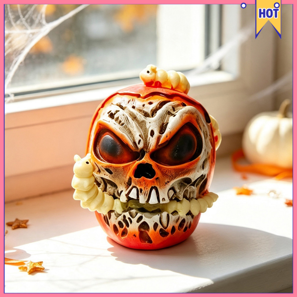 Halloween Skull Apple Resin Statue Gothic Spooky Decor with Worm Horror Prop for Party Haunted House Unique Gift for Sou