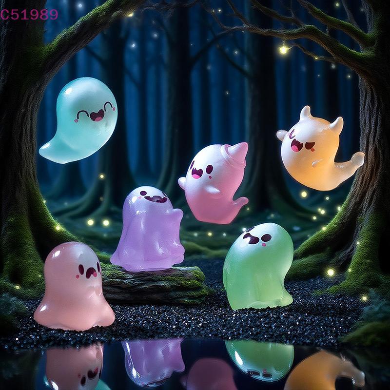 [kaan] 6 Pcs Halloween Bonito Fantasma Pequenas Estatuetas Decoração Luminosa Mini Brinquedo Festa Desenho Animado Resin