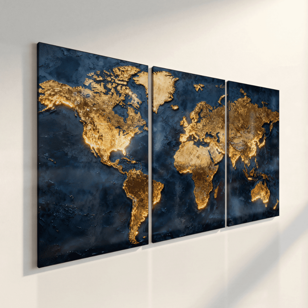 Quadros Decorativos Mapa Mundi Dourado Fundo Azul Luxo Moderna Geografia Kit 3 PeçasNa Unova, você encontra kits de quad