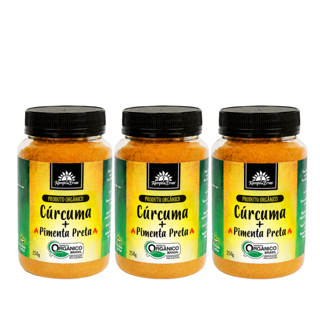 Kit 3 Cúrcuma em Pó com Pimenta Orgânica Kampo De Ervas 250g Açafrão 100% Puro Natural Veg S/ Glúten