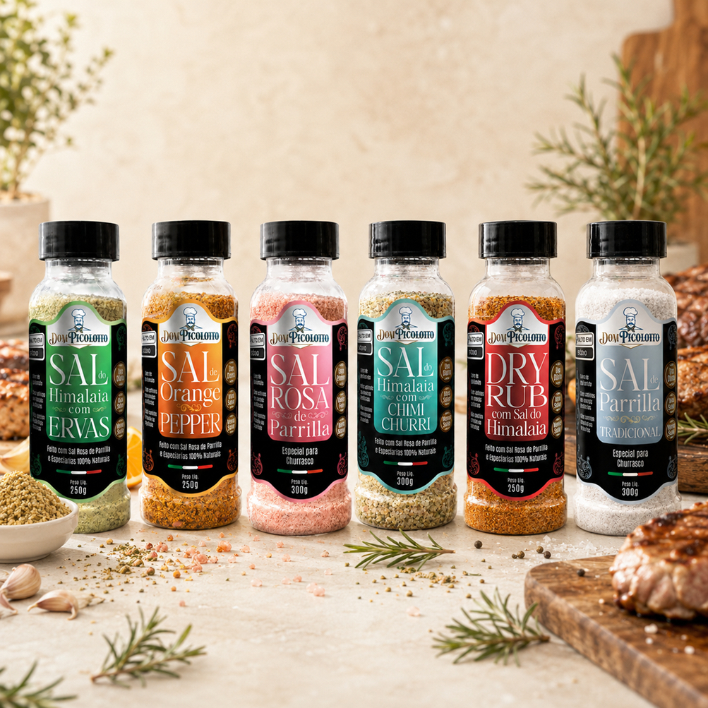 Kit 6 Sais Gourmet Churrasco e Cozinha Tempero Natural Sem Glúten Sem Conservantes Dom Picolotto