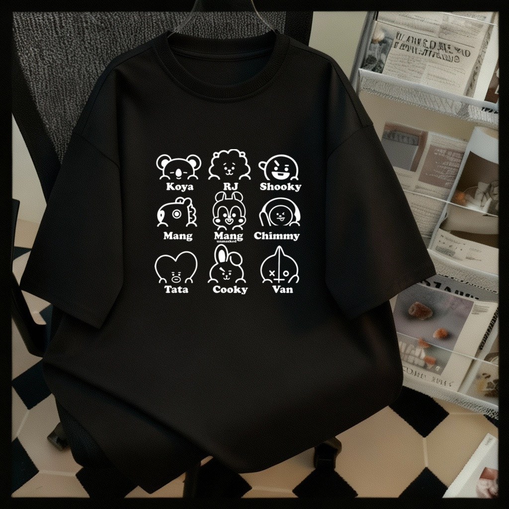 Camiseta Bts mascotes TATA V MANG J-HOPE CHIMMY JIMIN RJ JIN KOYA RM SHOOKY SUGA Camisa 100% Algodão