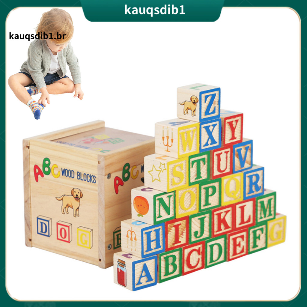Kids Alphabet Toy Set Educational Letter Blocks Wooden Building with Storage Box – Abc Letters Numbers Puzzle Cube for